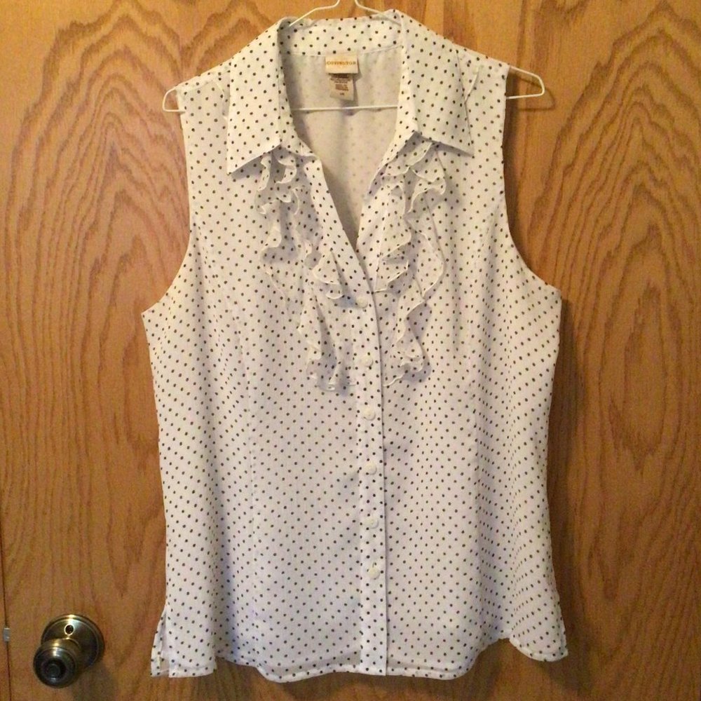Covington - White with black polka dot sleeveless blouse with front ruffle